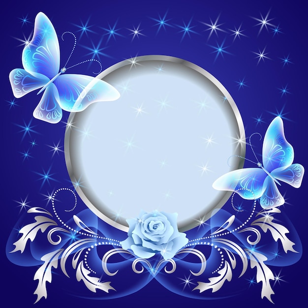 Transparent butterflies with ornament round frame and firework