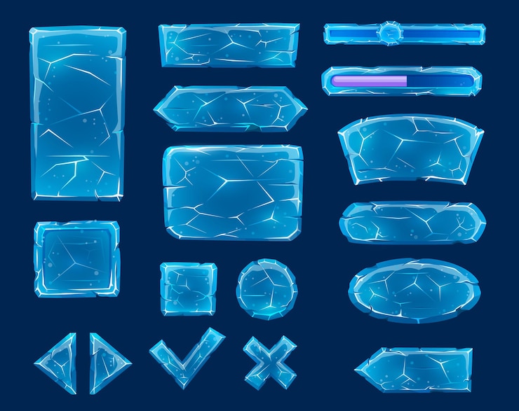 Vector transparent cartoon ice buttons, sliders, arrows and keys with cracks. ice crystals game asset, user panel interface elements with play and stop, conformation and decline buttons, progress bar