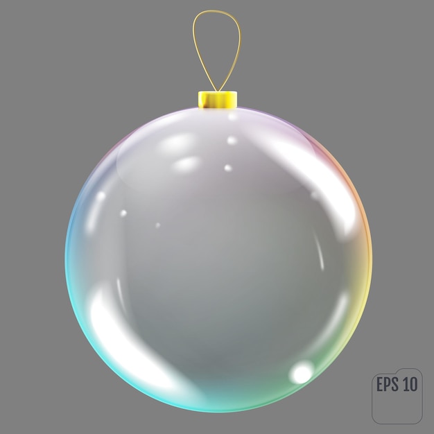 Transparent Christmas tree toy with colored reflections. Realistic glass christmas ball.