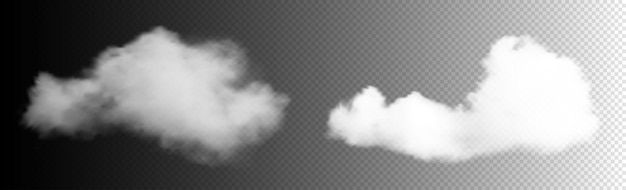 透明な雲が設定されています。白い曇り、霧またはスモッグの背景。リアルなベクトル雲。デザイン要素。