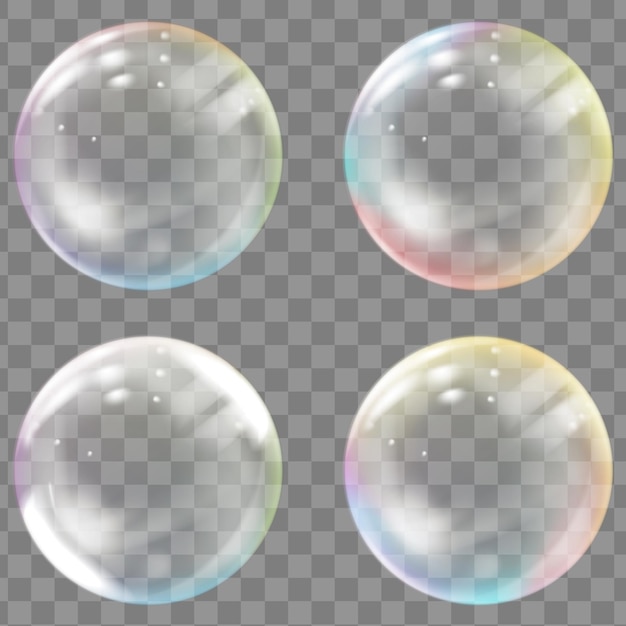 transparent colored soap or water bubbles. set of multicolored transparent glass spheres on a plaid background. vector.