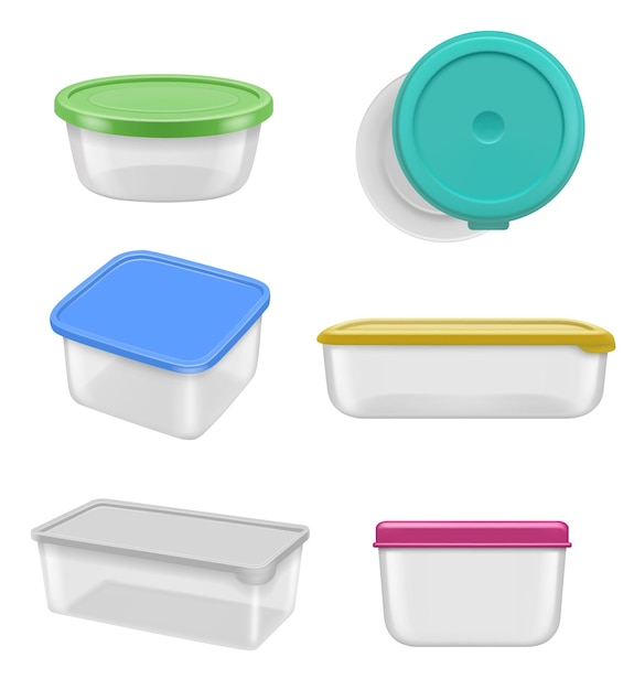 Vettore contenitori trasparenti ciotole e scatole di plastica per alimenti modelli realistici vettoriali decenti isolati