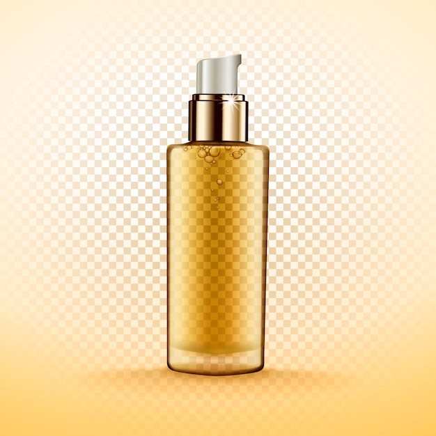 transparent cosmetic bottle containg golden fluid, isolated 