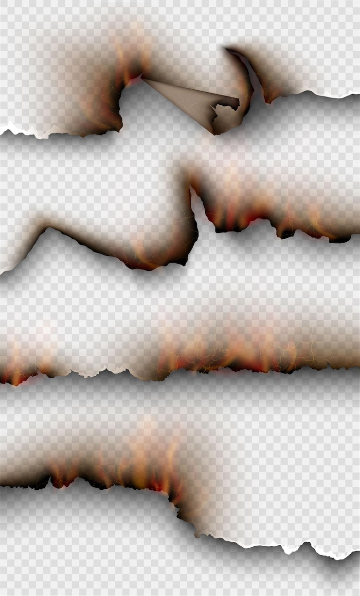 Vector transparent design burning templates torn paper with fire.