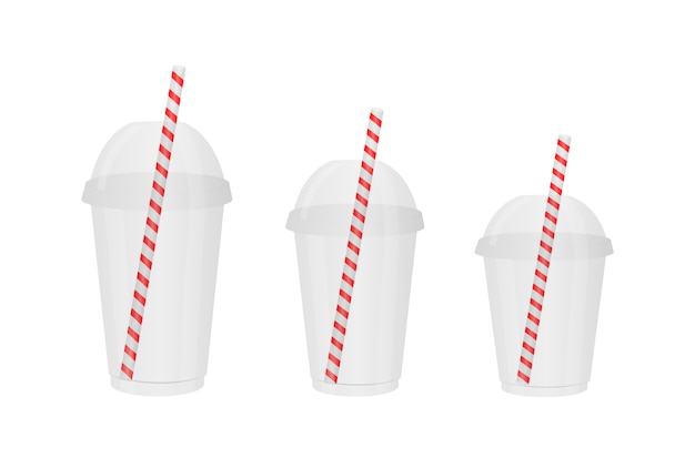 Transparent disposable plastic cups of different sizes.