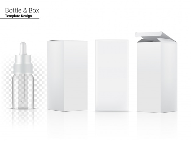 Косметика прозрачной бутылки капельницы реалистическая и сторона 3 коробок для товаров или медицины Skincare необходимых на белой иллюстрации предпосылки. Здравоохранение, медицинская и научная концепция дизайна.