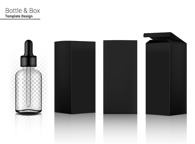 Vector transparent dropper bottle  realistic cosmetic and box for skincare product on white background illustration. health care and medical concept design.