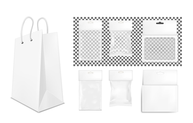 Вектор Прозрачная пустая пластиковая и бумажная упаковка белое саше с прорезью для подвешивания