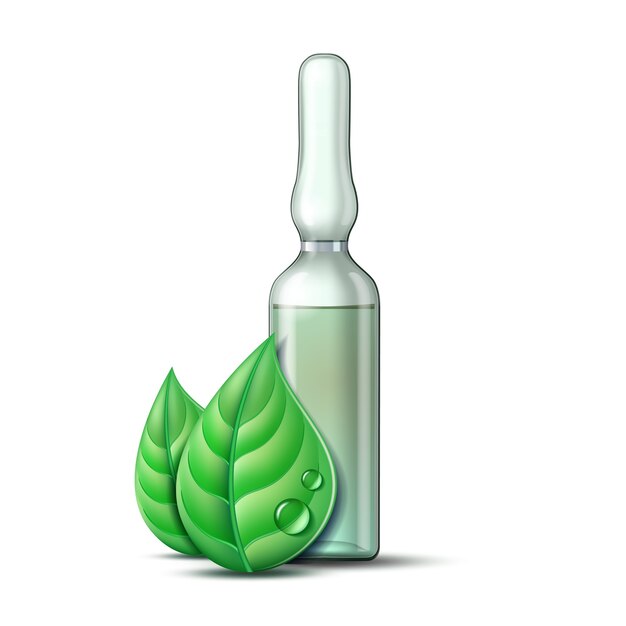 Transparent glass ampule with vaccine or drug for medical treatment and two green leaves. pharmaceutical symbol with leaf for pharmastore, homeopathic and alternative medicine.