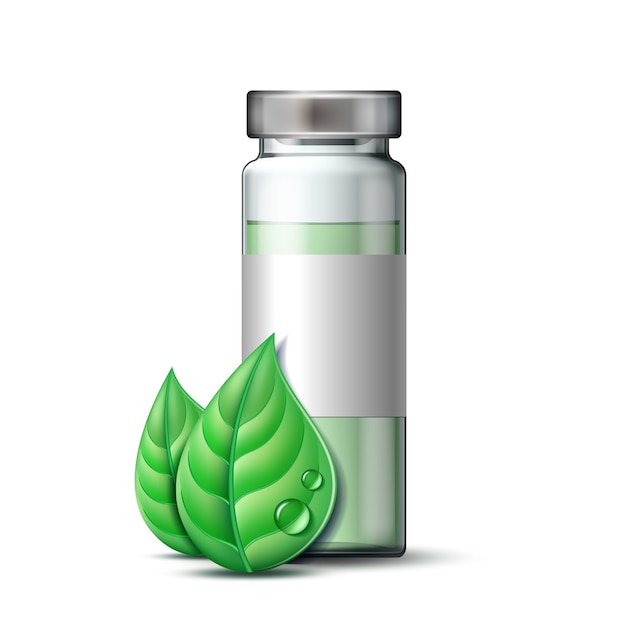 Transparent glass ampule with vaccine or drug for medical treatment and two green leaves. pharmaceutical symbol with leaf for pharmastore, homeopathic and alternative medicine.