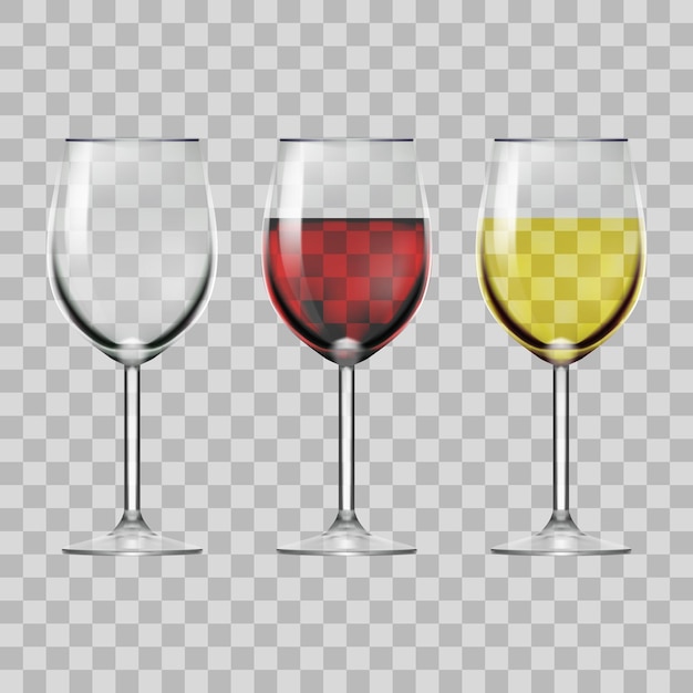 Прозрачный стакан, полный красного белого вина и пустой