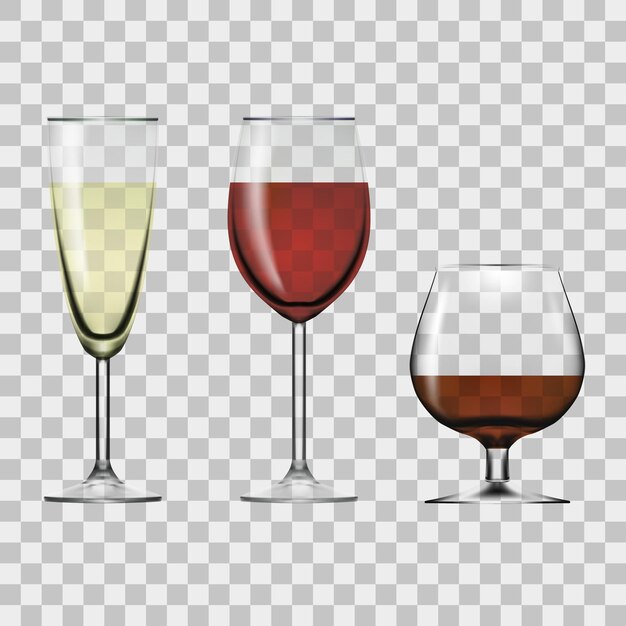 Vector transparent glass full of wine champagne and cognac