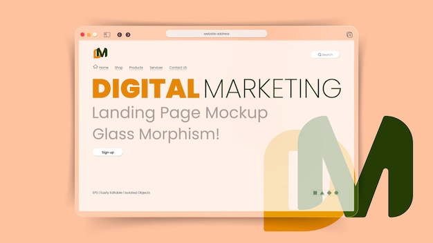 Transparent glass morphism digital marketing website landing page mockup in apricot color background