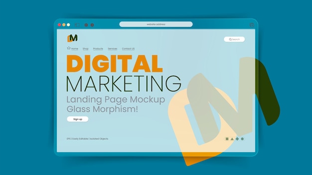 Transparent glass morphism digital marketing website landing page mockup in cg blue color background