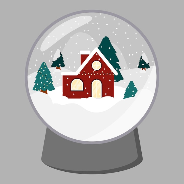 Transparent glass snow globe with a red house in the forest