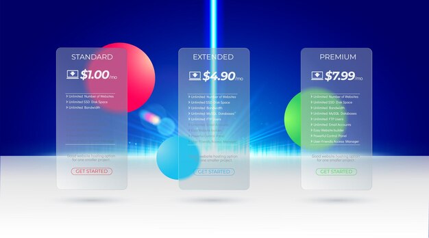 Vector transparent glass tariff plates with blurred circles on the background on a white shelf with a blue light beam on the background trendy glassmorphism design modern subscription plan template