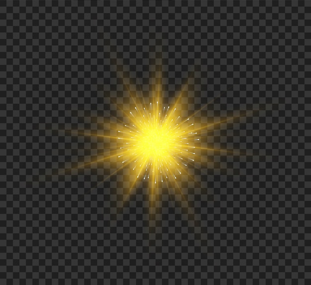 밝은 광선으로 투명한 광선 조명 효과. 별은 반짝임과 하이라이트로 폭발했습니다.
