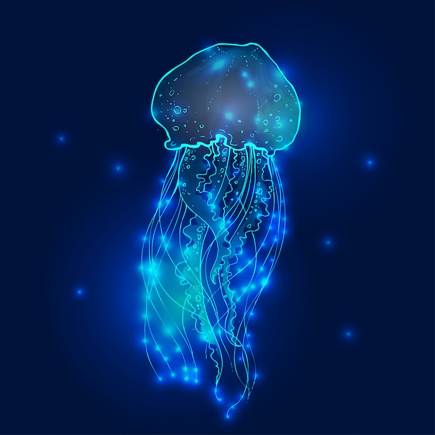 Transparent glowing neon blue and turquoise medusa blubber jellyfish