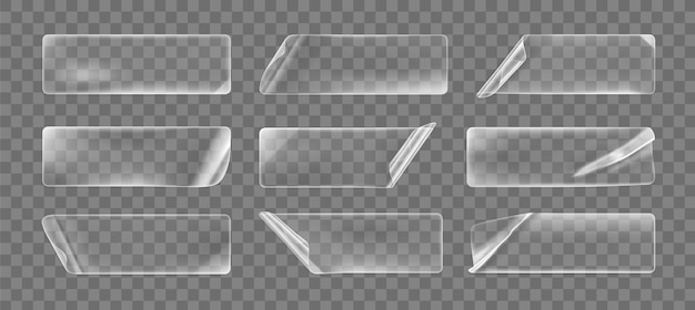 ベクトル 角が丸まった透明な接着剤のしわくちゃの長方形のステッカーは、セットをモックアップします。カールやしわのある効果のある空白の粘着性の透明な紙またはプラスチックのステッカーラベル。 3dリアルなベクトルアイコン。