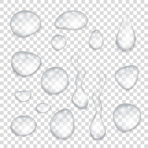 Gocce grigie trasparenti di pura acqua limpida. illustrazione vettoriale realistico.