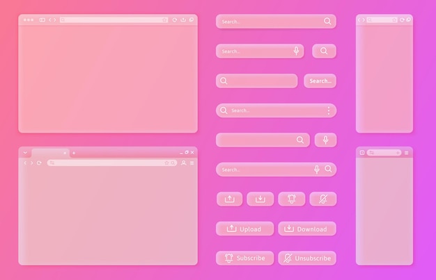 透明なインターネットブラウザウィンドウ ユーザーインターフェース要素 検索バー アクションボタン ベクトル UI テンプレートセット