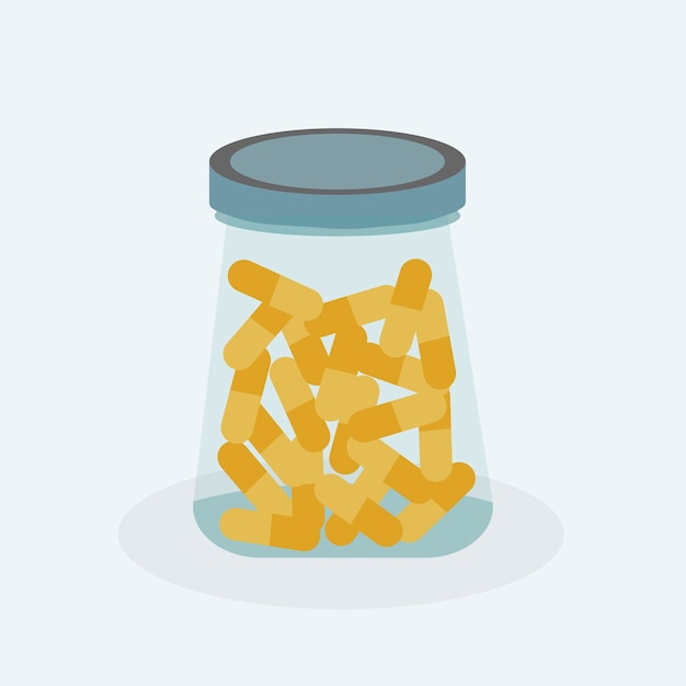 Transparent jar with a blue lid filled with orange pills. Illustration can be used on medical sfiere