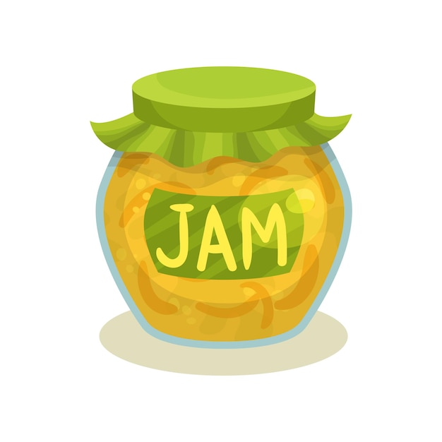 Transparent jar with lemon jam glass pot with sticker and lid sweet dessert made from citrus fruit flat vector icon
