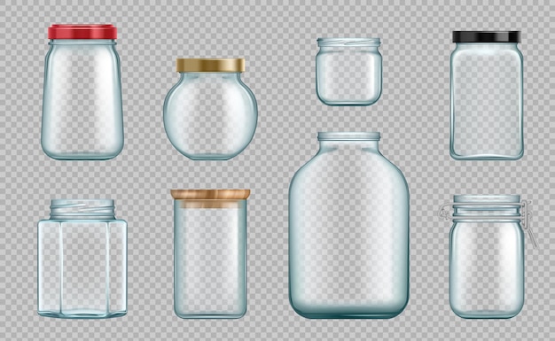 Vettore barattoli trasparenti contenitori in vetro per alimenti da cucina condimenti marmellata conservata barattoli di riflessione set di illustrazioni realistiche vettoriali decenti