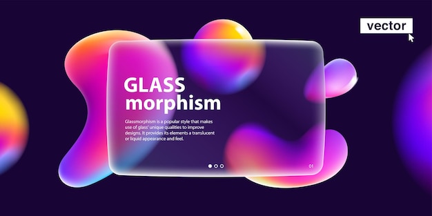 Vector transparent layout in glassmorphism style on dark background glass frame on blurred liquid shapes