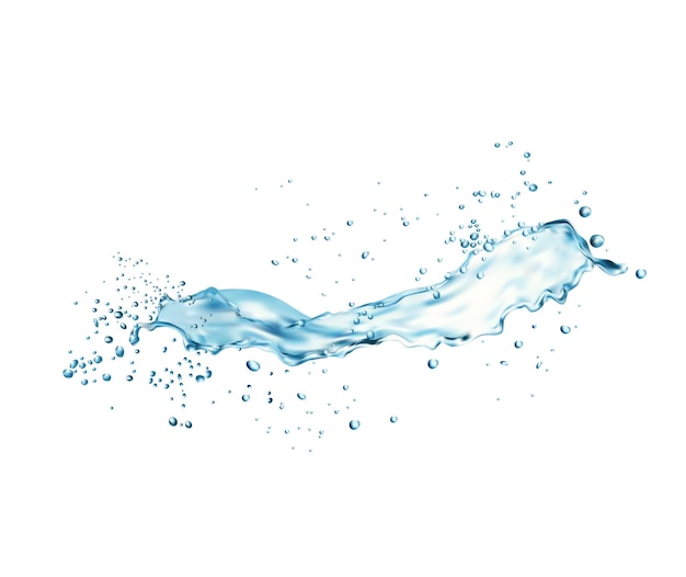 Spruzzata d'acqua lunga trasparente con gocce, onda aqua trasparente blu liquido. vettore 3d realistico. flusso d'acqua con goccioline di bevanda pulita con increspature in movimento e bolle di flusso d'acqua