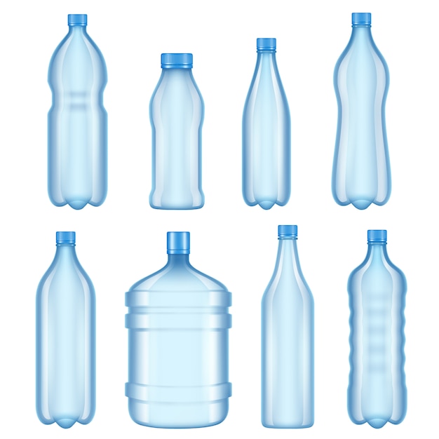 Vettore bottiglie di plastica trasparenti. illustrazioni vettoriali di bottiglie per acqua