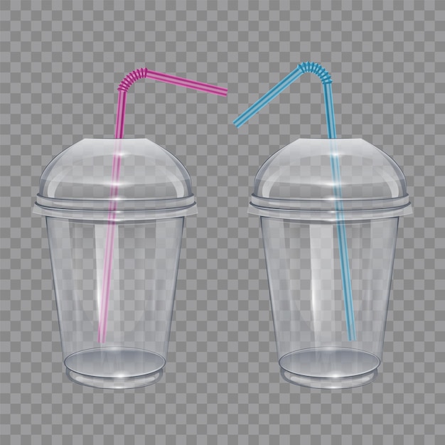 Vector transparent plastic cup with drinking straws. for smoothie or lemonade.