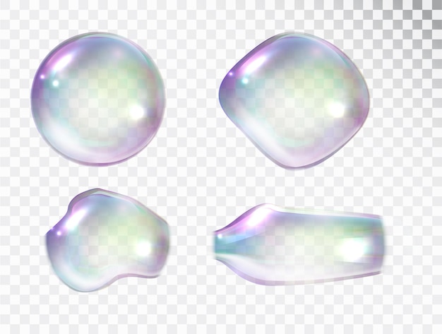 Transparent realistic colorful soap bubbles shapes set isolated on a light background water spheres