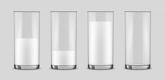 Vector transparent realistic glasses set, milk in a glass isolated