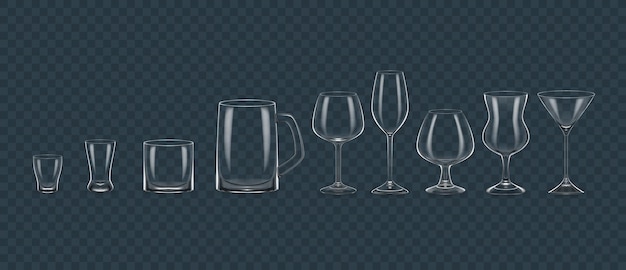 Transparent realistic templates alcohol glasses mugs mock up Template glass package mockup layout breadboard empty glasses and mugs for different drinks Vector illustration