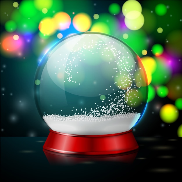 Vector transparent realistic vector crystal ball with snowflakes on bright new year night  background.