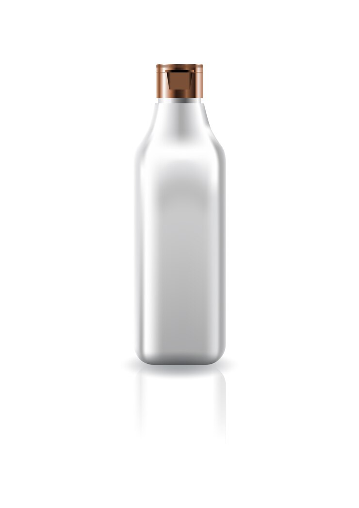 Vector transparent square cosmetic bottle with copper cap lid