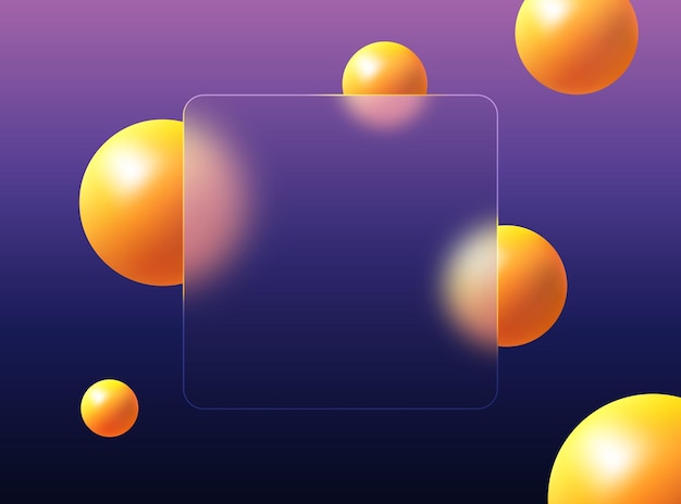 Vector transparent square frame in glass morphism style orange spheres in the background