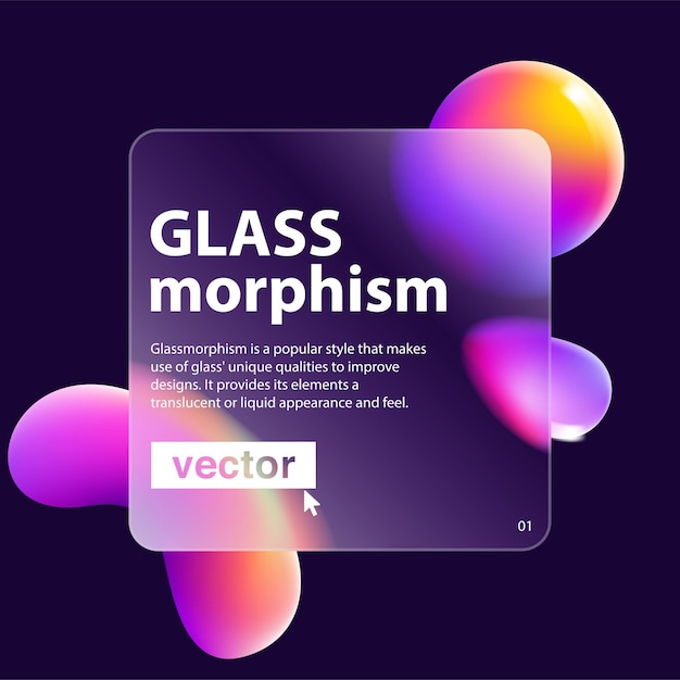 glassmorphism 스타일의 투명 사각형 프레임 액체 효과가 있는 다색 무지개 그림