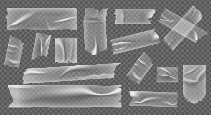 Vector 透明な粘着テープ折り目と折り目が付いたリアルな透明プラスチック粘着テープ粘着ホイルストリップベクトルしわくちゃの包帯セット