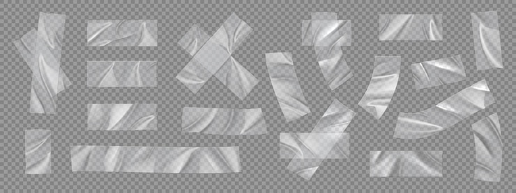 Вектор прозрачная лента реалистичный клейкий скотч с рваными краями 3d-полосы для фиксации или простого ремонта пластиковые морщинистые липкие ленты и кресты набор векторных изолированных полиэтиленовых кусочков