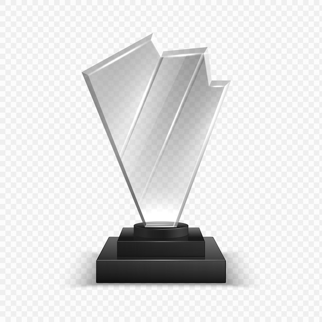 Trofei trasparenti premio campionato 3d realistico ricompensa in cristallo di vetro bianco con spazio di copia premio vincitore per competizioni creative e scientifiche o modello vettoriale di giochi sportivi