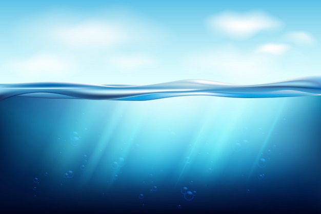 벡터 투명 수중 푸른 바다 배경입니다. 수중 호수. 표면 바다에서 푸른 수평선 배경 휴식
