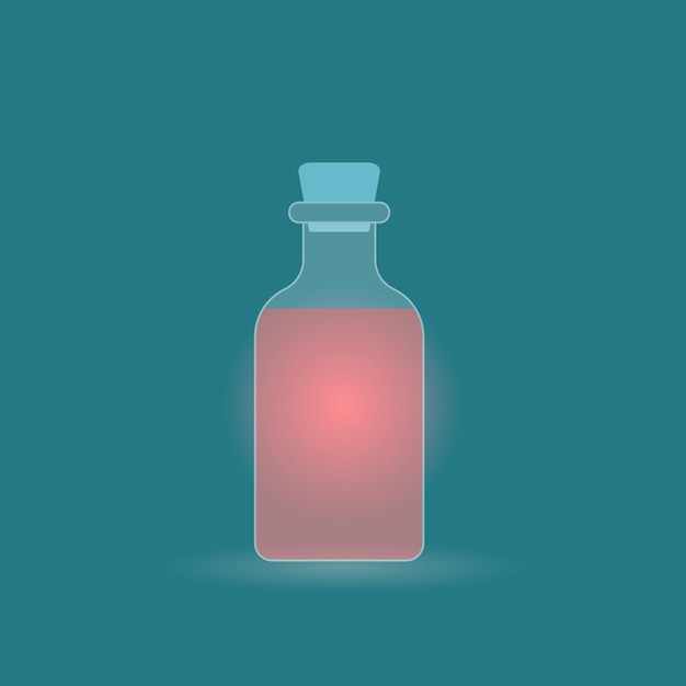 Transparent vial with red potion Vector illustration Isolated on bluegreen background