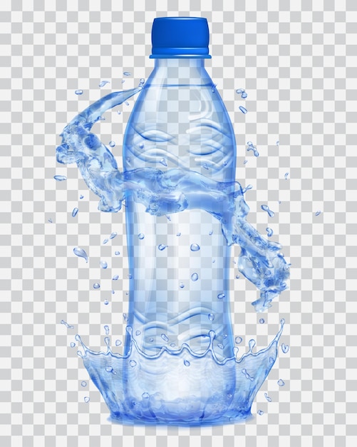 Vector transparent water crown and water splashes in blue colors around a blue transparent plastic bottle with blue cap, filled with mineral water. transparency only in vector file