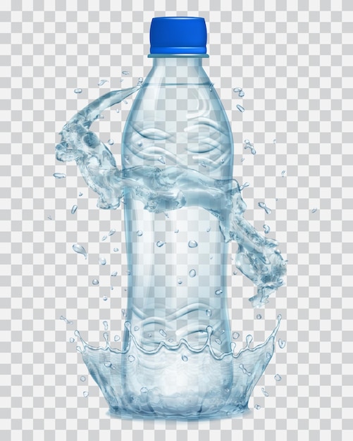 Transparent water crown and water splashes in gray colors around a gray transparent plastic bottle with blue cap