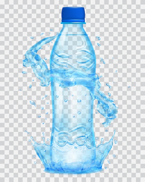 Corona d'acqua trasparente e spruzzi d'acqua in colori azzurri attorno a una bottiglia di plastica trasparente azzurra con tappo blu, riempita con acqua minerale