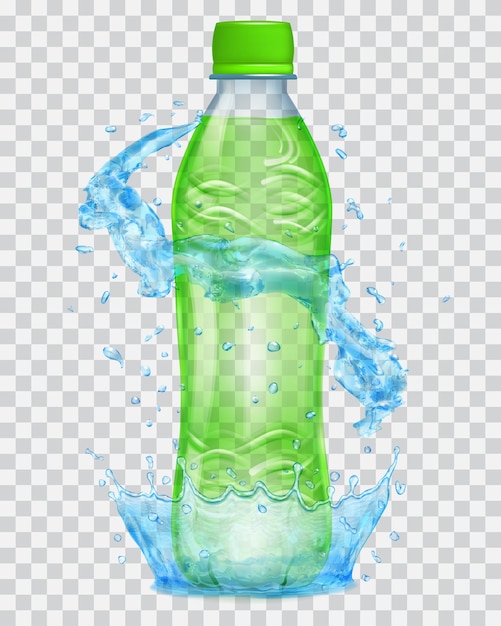 Corona d'acqua trasparente e spruzzi d'acqua in colori azzurri intorno a una bottiglia di plastica trasparente con tappo verde, piena di succo verde. trasparenza solo nel file vettoriale