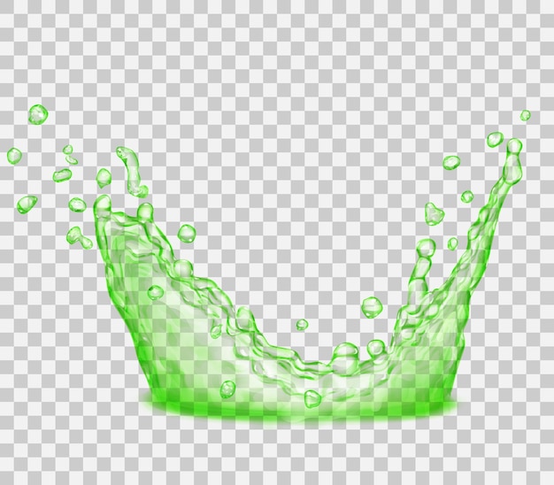 Transparent water splash in green colors, isolated on transparent background. Scatter spray from falling into the water. Crown from splash of water. Transparency only in vector file
