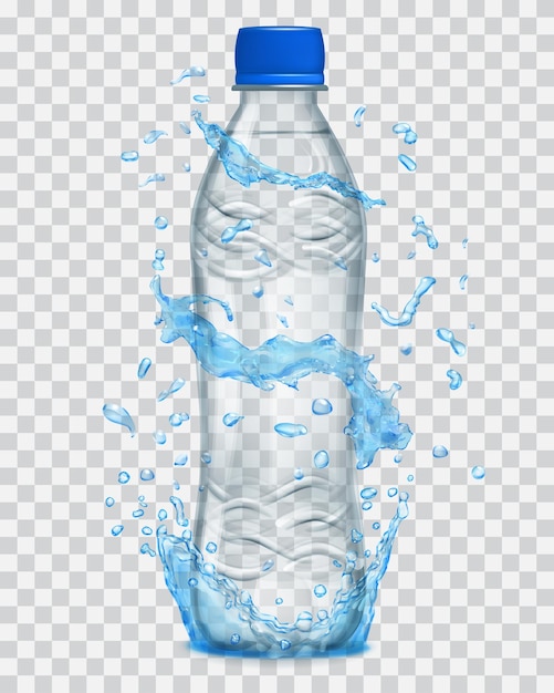 Spruzzi d'acqua trasparenti in colori azzurri intorno a una bottiglia di plastica grigia con acqua minerale